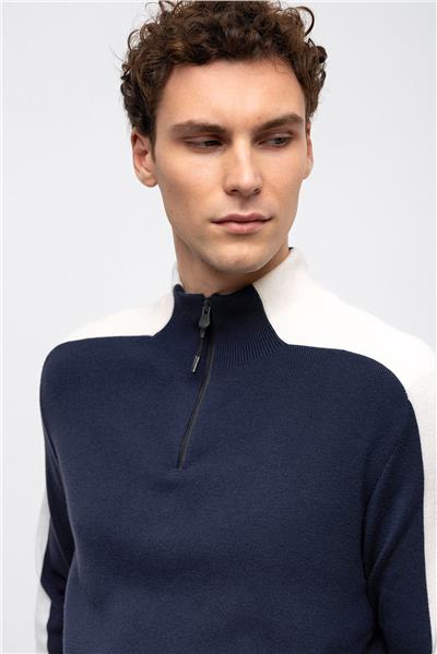 Lacivert Dik Yaka Fermuarlı Triko Kazak