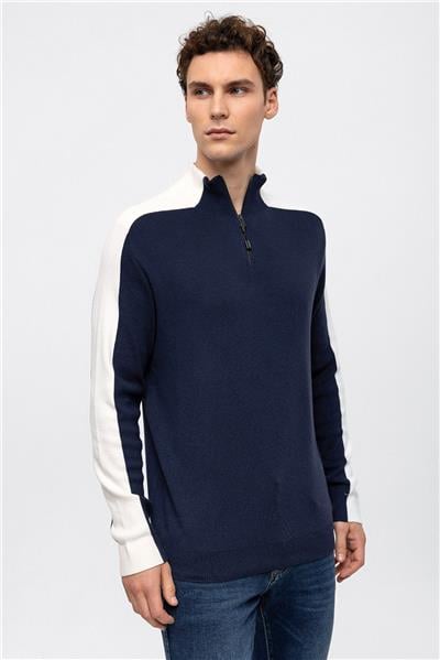 Lacivert Dik Yaka Fermuarlı Triko Kazak