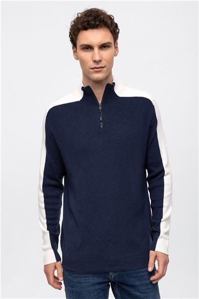 Lacivert Dik Yaka Fermuarlı Triko Kazak