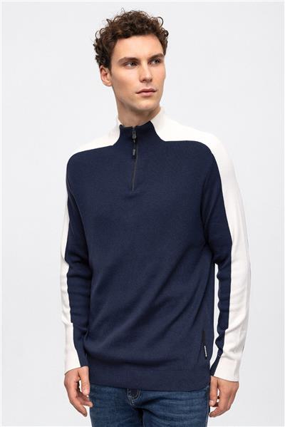 Lacivert Dik Yaka Fermuarlı Triko Kazak