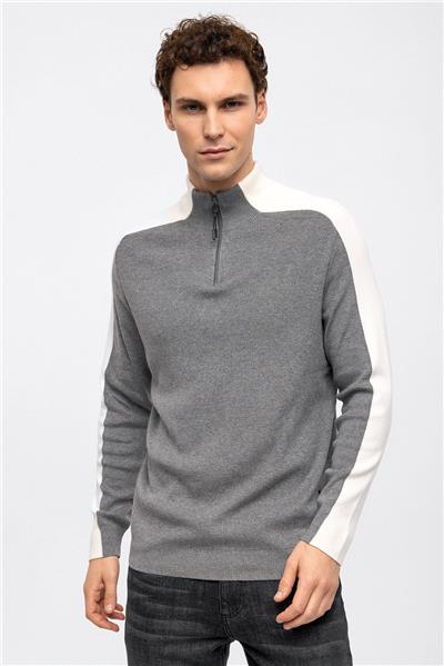 Gri Dik Yaka Fermuarlı Triko Kazak
