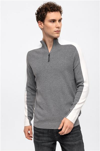 Gri Dik Yaka Fermuarlı Triko Kazak