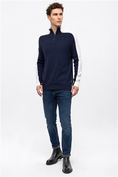 Lacivert Dik Yaka Fermuarlı Triko Kazak