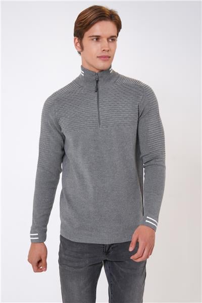 Gri Regular Fit Desenli Dik Yaka Yarım Fermuarlı Triko Kazak