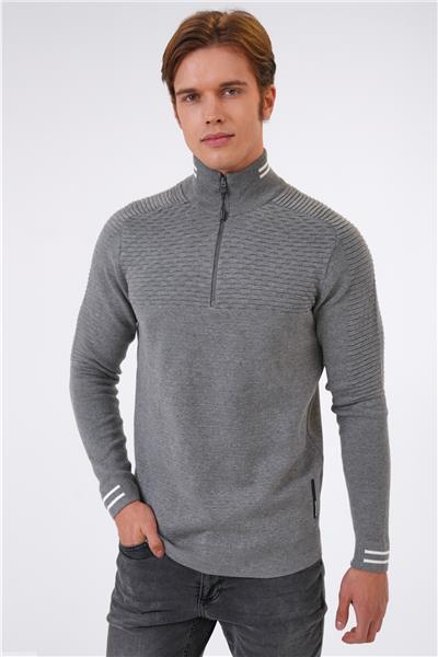 Gri Regular Fit Desenli Dik Yaka Yarım Fermuarlı Triko Kazak