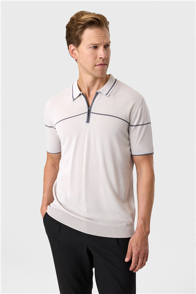 Gri Regular Fit Fermuarlı Polo Yaka Triko Tişört