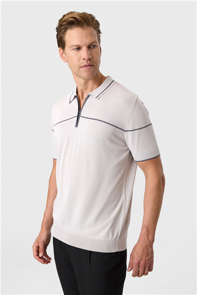 Gri Regular Fit Fermuarlı Polo Yaka Triko Tişört