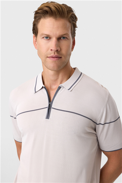 Gri Regular Fit Fermuarlı Polo Yaka Triko Tişört