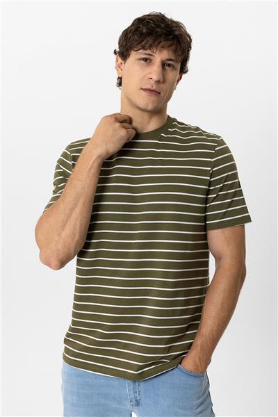 Haki Regular Fit Bisiklet Yaka Çizgili Tişört