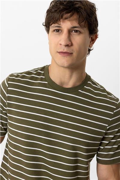 Haki Regular Fit Bisiklet Yaka Çizgili Tişört