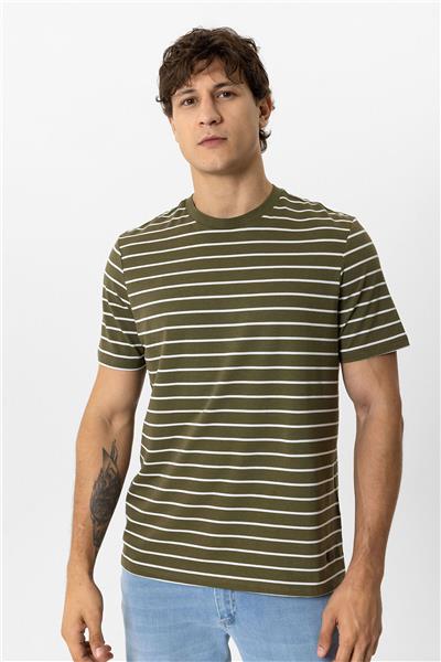 Haki Regular Fit Bisiklet Yaka Çizgili Tişört