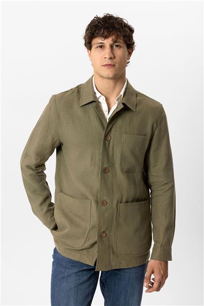 Haki Regular Fit Gömlek Yaka Keten Ceket