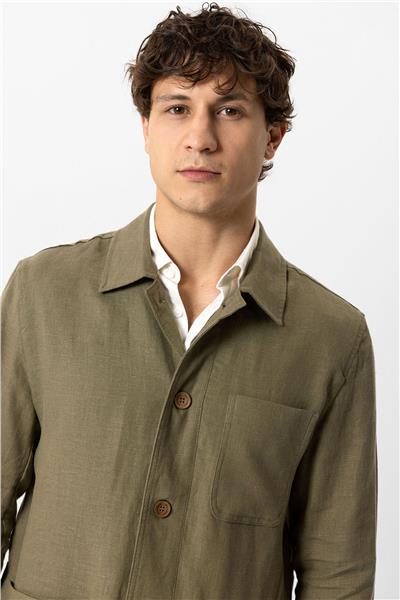 Haki Regular Fit Gömlek Yaka Keten Ceket