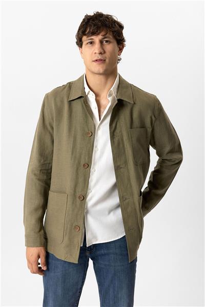 Haki Regular Fit Gömlek Yaka Keten Ceket