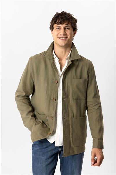 Haki Regular Fit Gömlek Yaka Keten Ceket