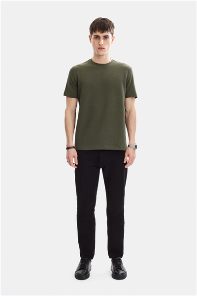 Haki Regular Fit Örme Bisiklet Yaka Tişört