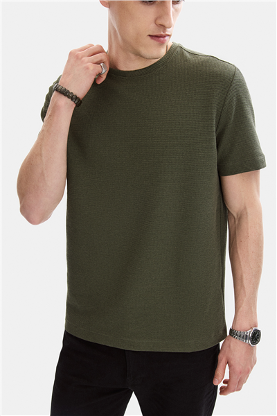 Haki Regular Fit Örme Bisiklet Yaka Tişört