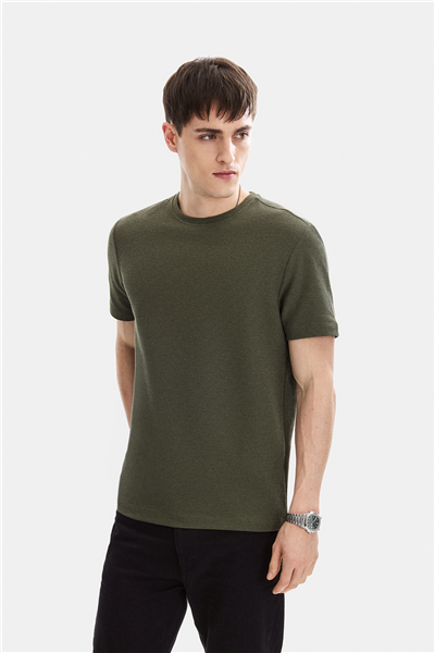 Haki Regular Fit Örme Bisiklet Yaka Tişört