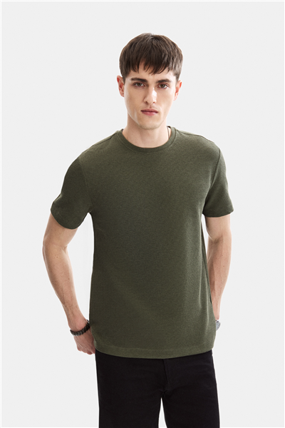 Haki Regular Fit Örme Bisiklet Yaka Tişört