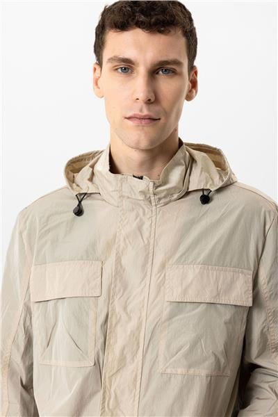 Bej Regular Fit Kapüşonlu Mont