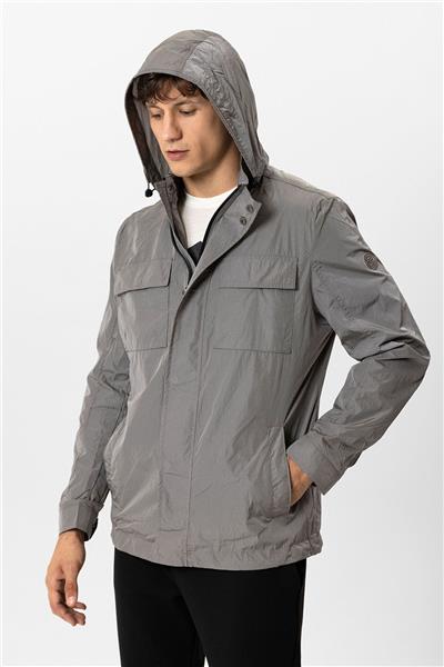 Gri Regular Fit Kapüşonlu Mont