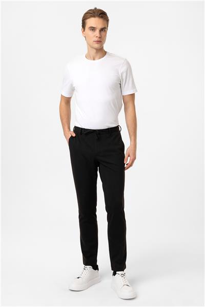 Siyah Slim Fit Beli Bağcıklı Jogger Pantolon
