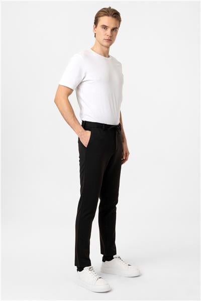 Siyah Slim Fit Beli Bağcıklı Jogger Pantolon