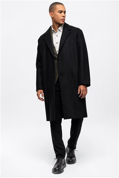 Siyah Oversize Fit Yünlü Mono Yaka Kaşe Kaban
