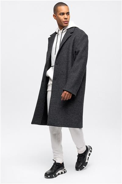 Antrasit Oversize Fit Yünlü Mono Yaka Kaşe Kaban