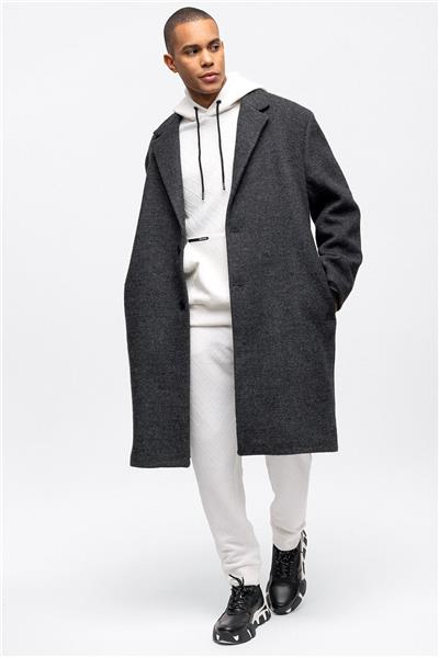 Antrasit Oversize Fit Yünlü Mono Yaka Kaşe Kaban