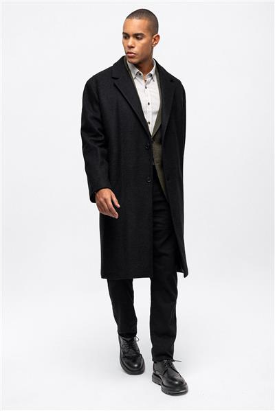 Siyah Oversize Fit Yünlü Mono Yaka Kaşe Kaban