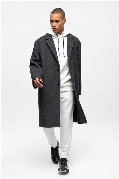 Antrasit Oversize Fit Yünlü Mono Yaka Kaşe Kaban