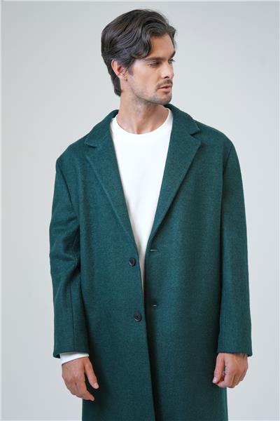 Koyu Yeşil Oversize Fit Yünlü Mono Yaka Kaşe Kaban