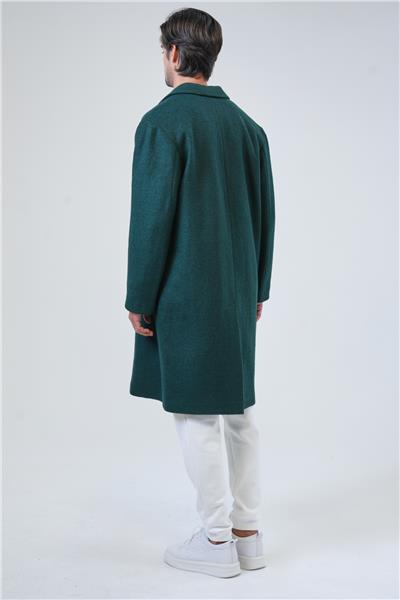 Koyu Yeşil Oversize Fit Yünlü Mono Yaka Kaşe Kaban