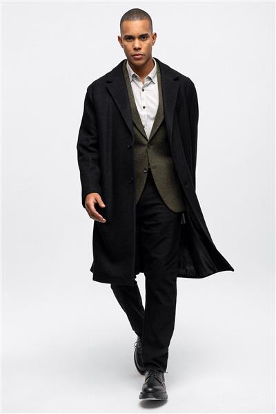 Siyah Oversize Fit Yünlü Mono Yaka Kaşe Kaban