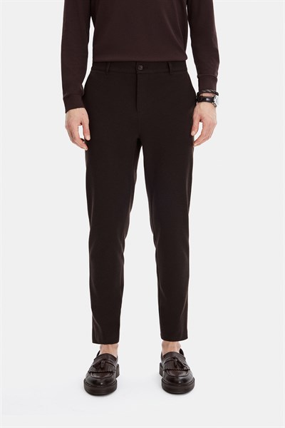 Kahve Regular Fit Diagonel Jakarlı Örme Pantolon
