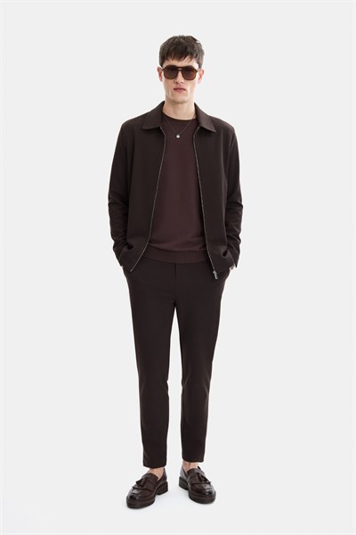 Kahve Regular Fit Diagonel Jakarlı Örme Pantolon