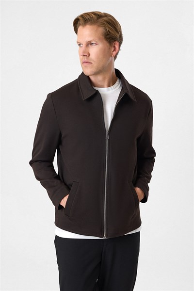 Kahve Regular Fit Fermuarlı Diagonel Mont