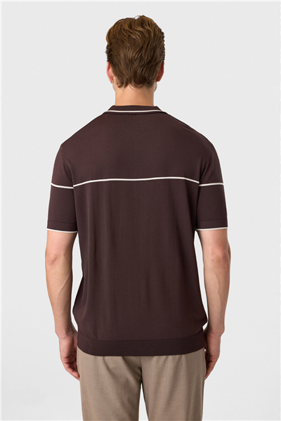 Kahve Regular Fit Fermuarlı Polo Yaka Triko Tişört