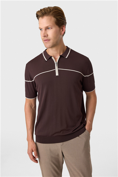 Kahve Regular Fit Fermuarlı Polo Yaka Triko Tişört