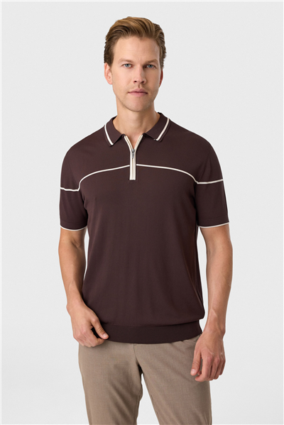 Kahve Regular Fit Fermuarlı Polo Yaka Triko Tişört
