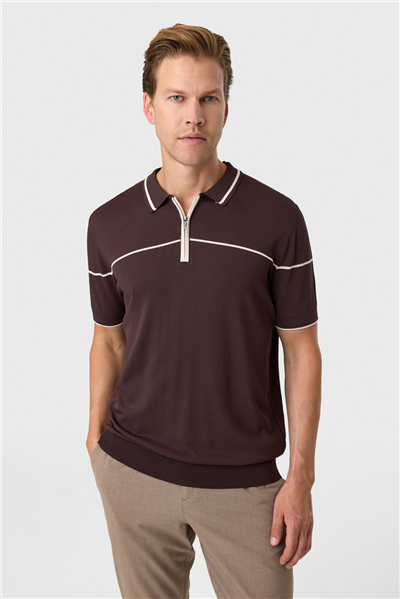 Kahve Regular Fit Fermuarlı Polo Yaka Triko Tişört