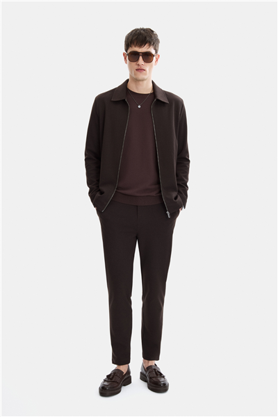 Kahve Regular Fit Jakarlı Diagonel Mont