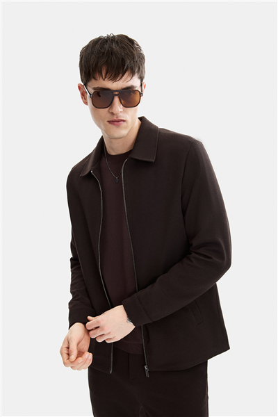 Kahve Regular Fit Jakarlı Diagonel Mont