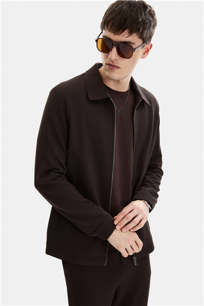 Kahve Regular Fit Jakarlı Diagonel Mont