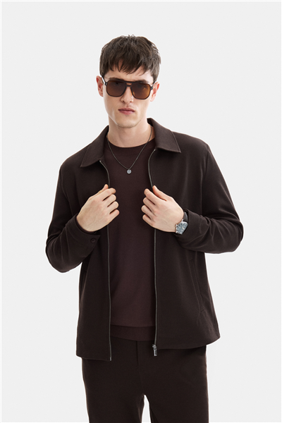 Kahve Regular Fit Jakarlı Diagonel Mont