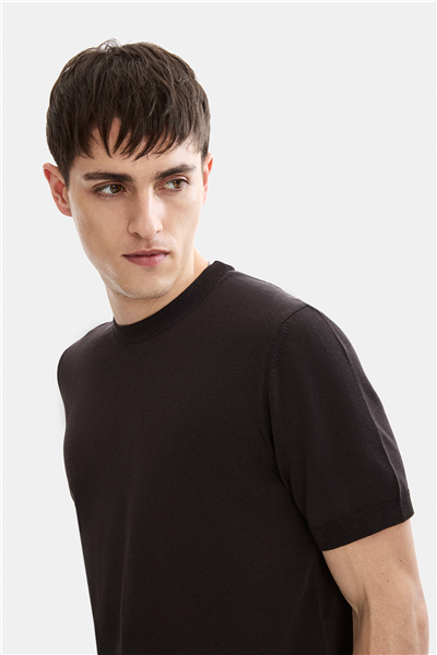 Kahverengi Regular Fit Bisiklet Yaka Triko Tişört