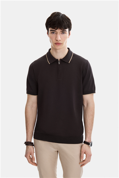 Kahverengi Regular Fit Fermuarlı Polo Yaka Triko