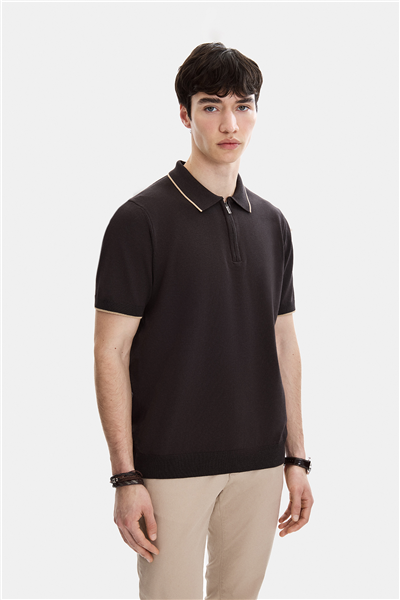 Kahverengi Regular Fit Fermuarlı Polo Yaka Triko