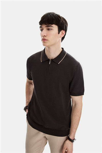 Kahverengi Regular Fit Fermuarlı Polo Yaka Triko